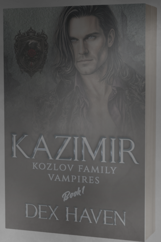 Book cover with a brooding man portrait, ornate crest on the left, and large title 'KAZIMIR' with subtitle 'KOZLOV FAMILY VAMPIRES'.