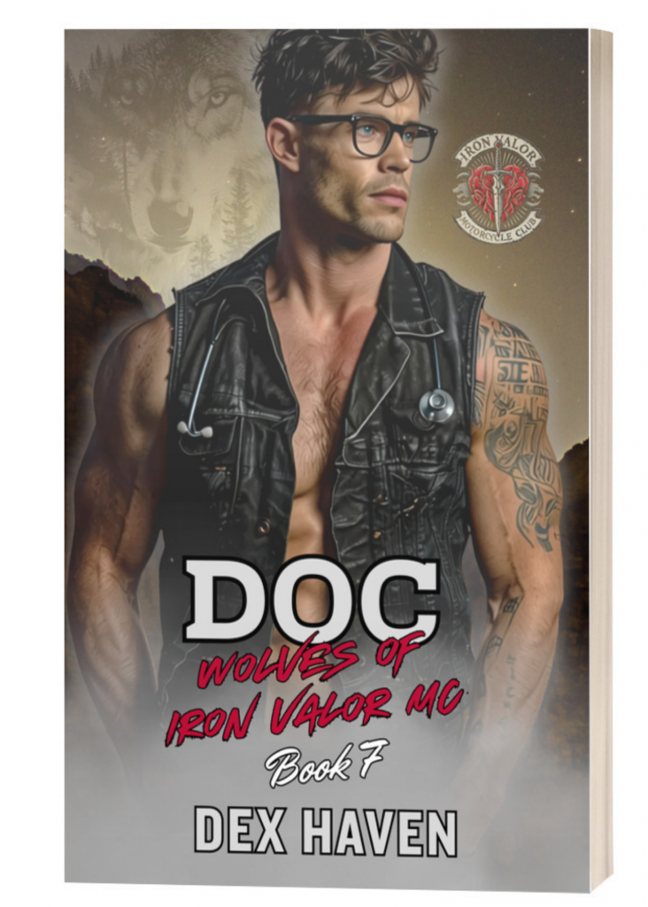 Book cover showing a muscular man with glasses and a stethoscope, wearing a black leather vest with tattoos, and an Iron Valor MC emblem in the background.